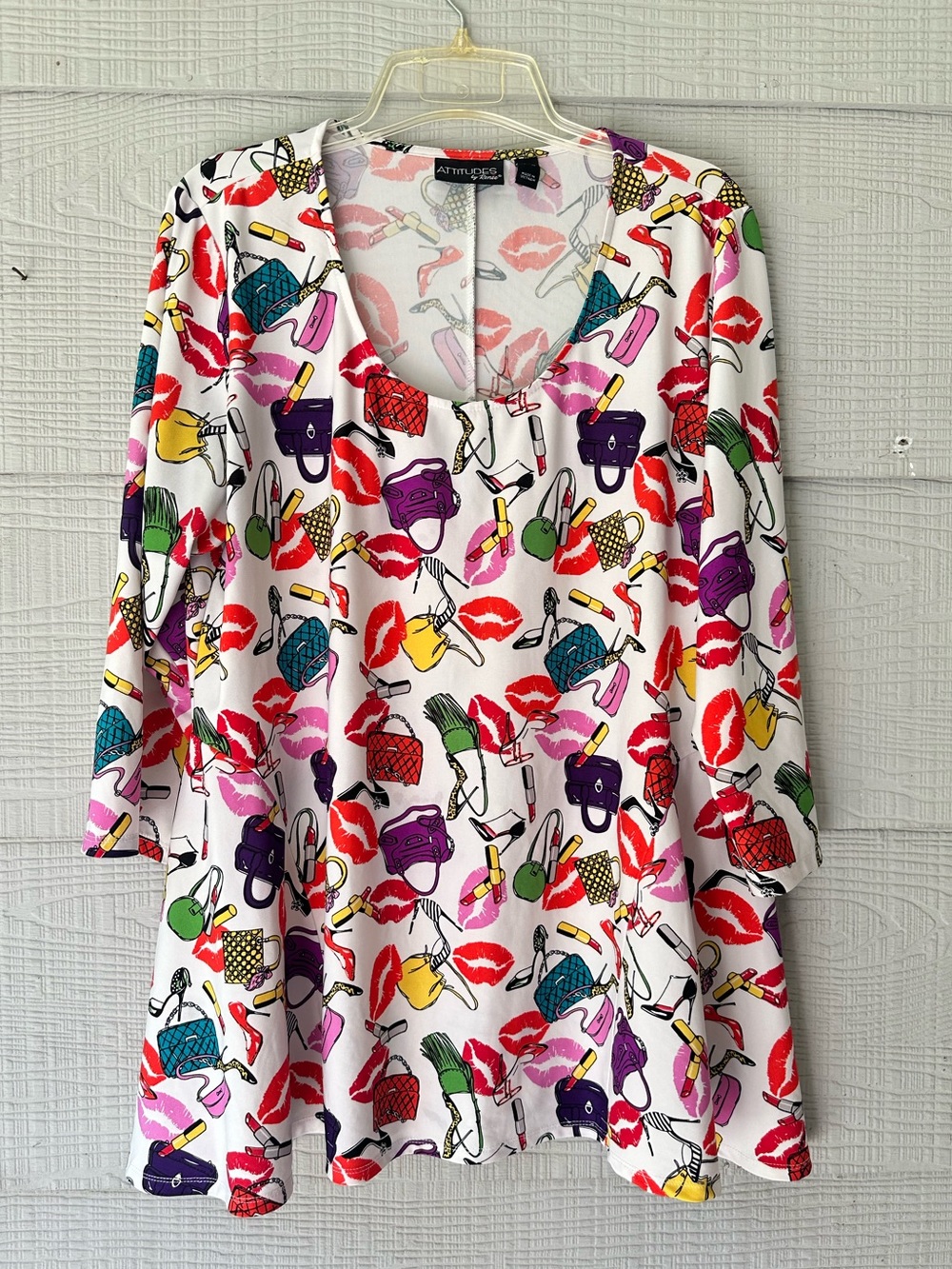 Attitudes by Renee Cosmetic Lip Print 3/4 Sleeve Como Jersey Swing Top Tunic~XL